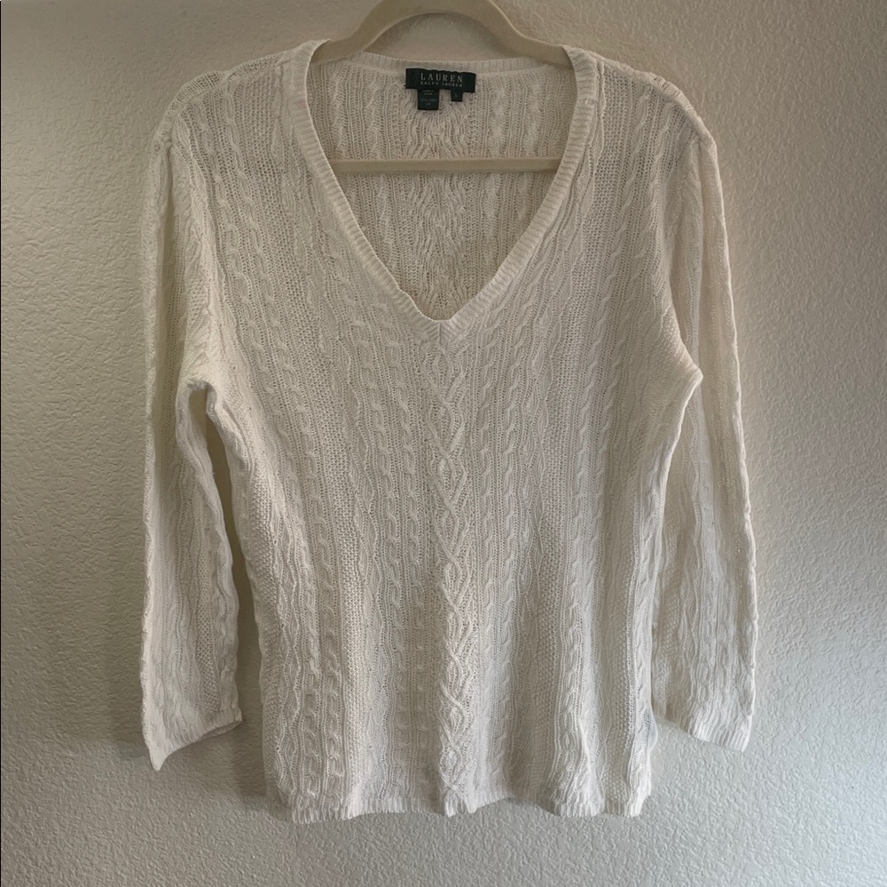 Ralph Lauren white cable knit 100% linen V-Neck light Sweater Classic academia L